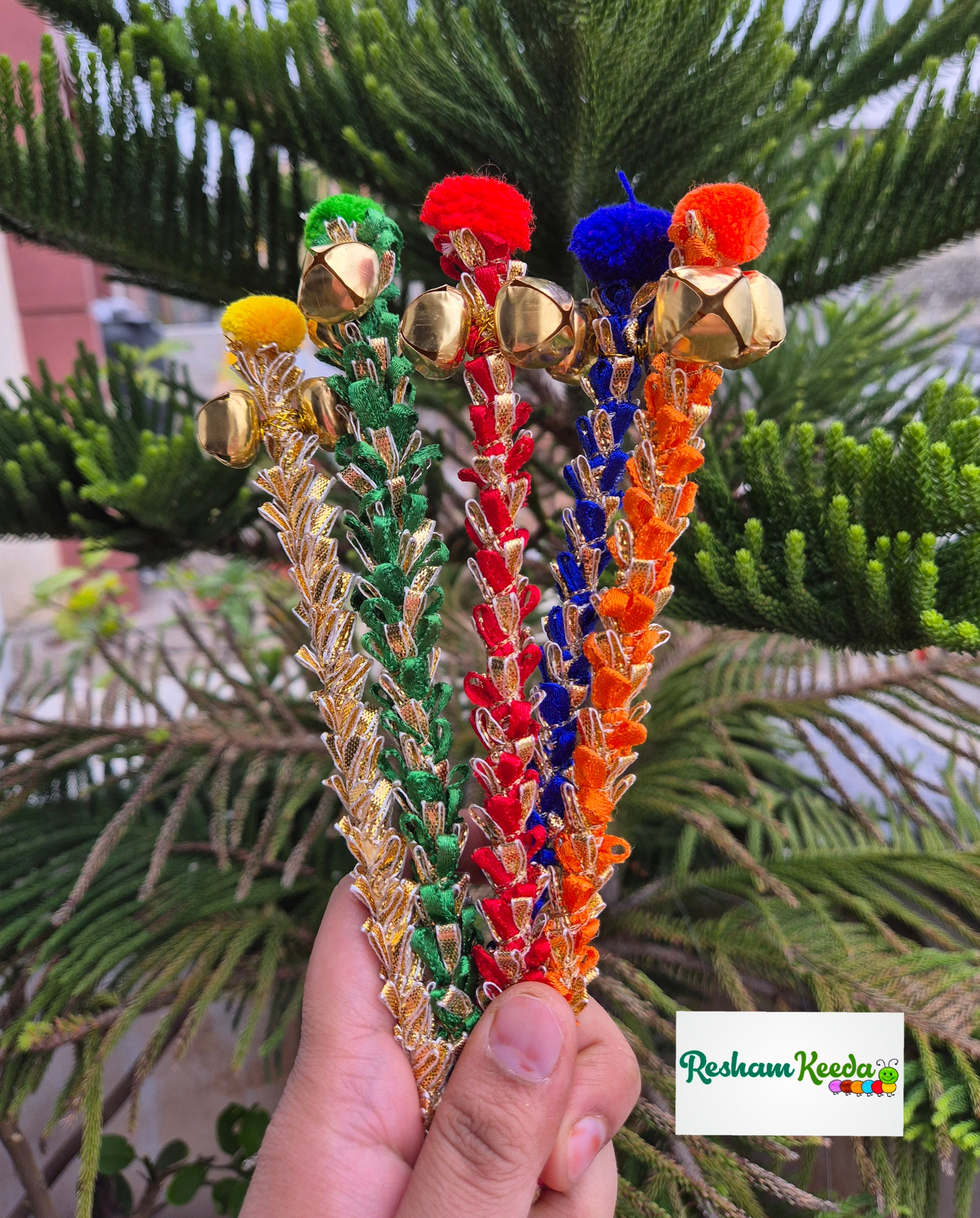 Beautiful Multicolor Gota Wedding Bells Ghungroo Sticks Rattles for Baby Shower, Welcome, Bride, Birthday, Bhaat, Baraat Phera Haldi Mehendi Keertan Satsang Faag Faagotsav Krishna Janmotsav Janamashtmi Giveaways Return Gifts Gifting Favours (Pack of 20)