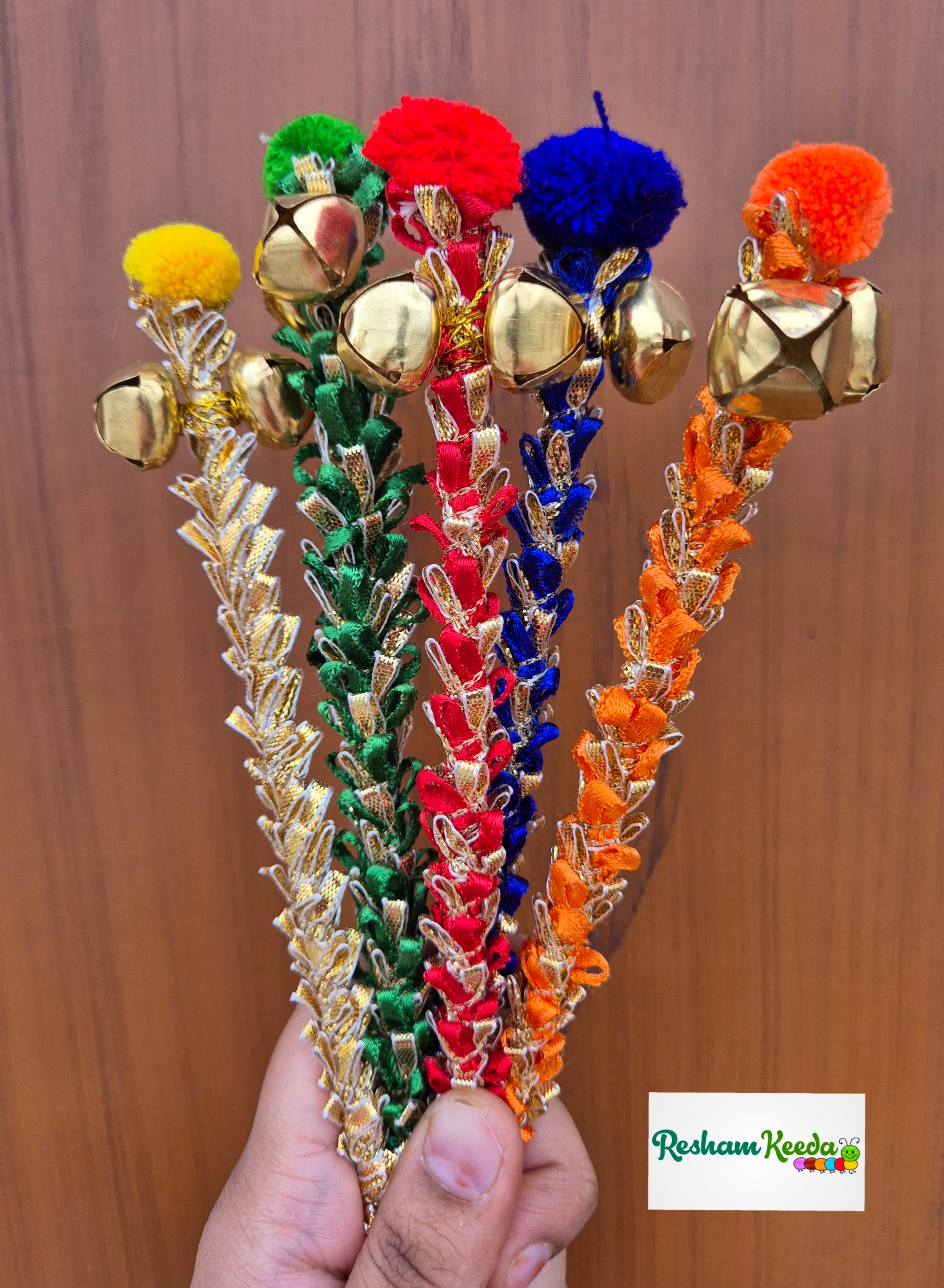 Beautiful Multicolor Gota Wedding Bells Ghungroo Sticks Rattles for Baby Shower, Welcome, Bride, Birthday, Bhaat, Baraat Phera Haldi Mehendi Keertan Satsang Faag Faagotsav Krishna Janmotsav Janamashtmi Giveaways Return Gifts Gifting Favours (Pack of 20)