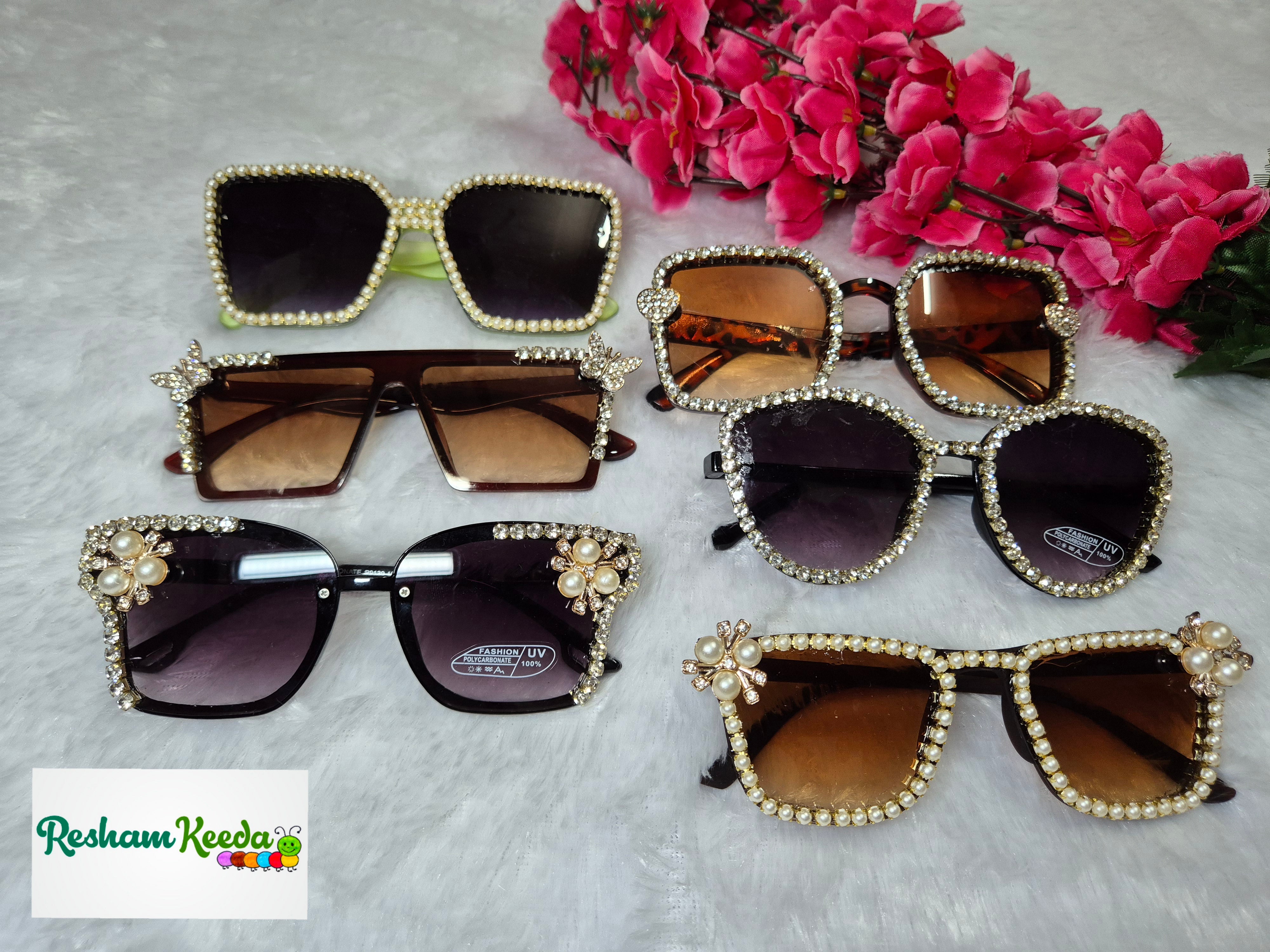 Most Viral Premium Diamond Moti Bridal Goggles Chashma Glasses Specs Sunglasses Shades for Bride Bridesmaids Haldi Mehendi Carnival Bachelors Wedding Birthday Anniversary Baby Shower Diwali Dandiya Garba Navratri Teej Kitty and Theme Parties Photo Props