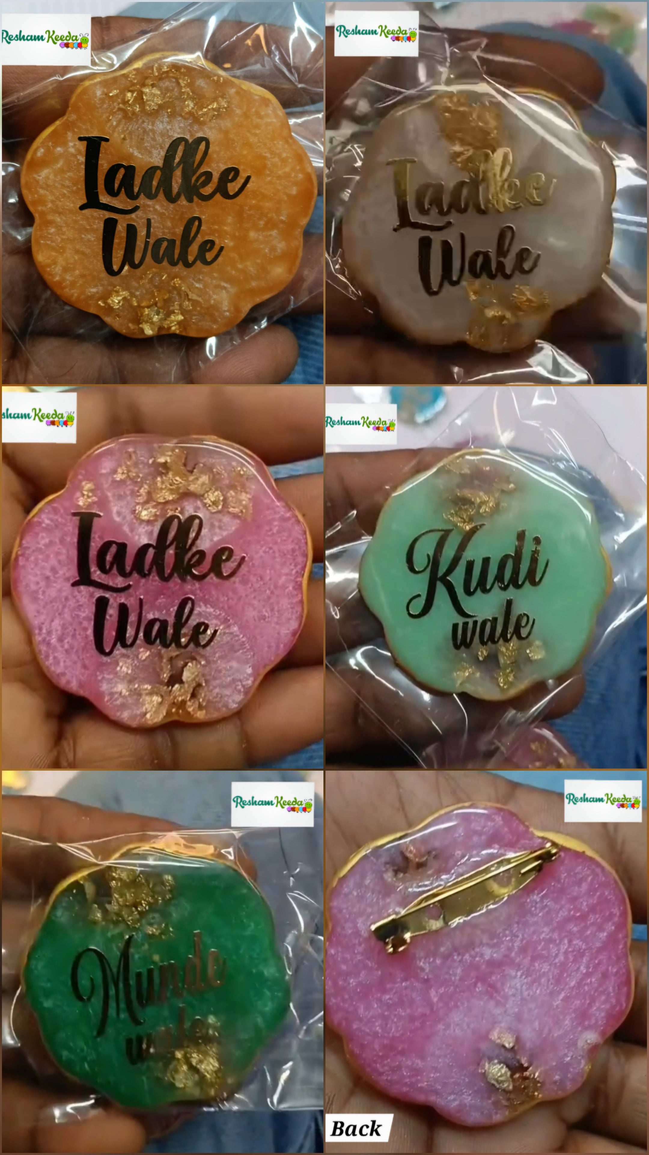 Budget Friendly Premium Acrykic Resin Ladke Wale Ladki Wale Kudi Wale Munde Wale Brooches for Gifting Return Favours Giveaways in Mama Mameru Bhaat Haldi Mehendi Swagat Baarat Wedding Ceremonies (Pack of 10)