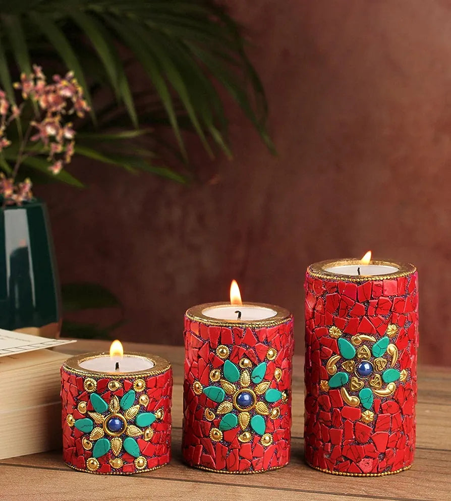 Beautiful Handcrafted Wooden Pillar Tlight and Candle Holders for Diwali Festival Home Decoration and Gifting (Set of 3 - Red)