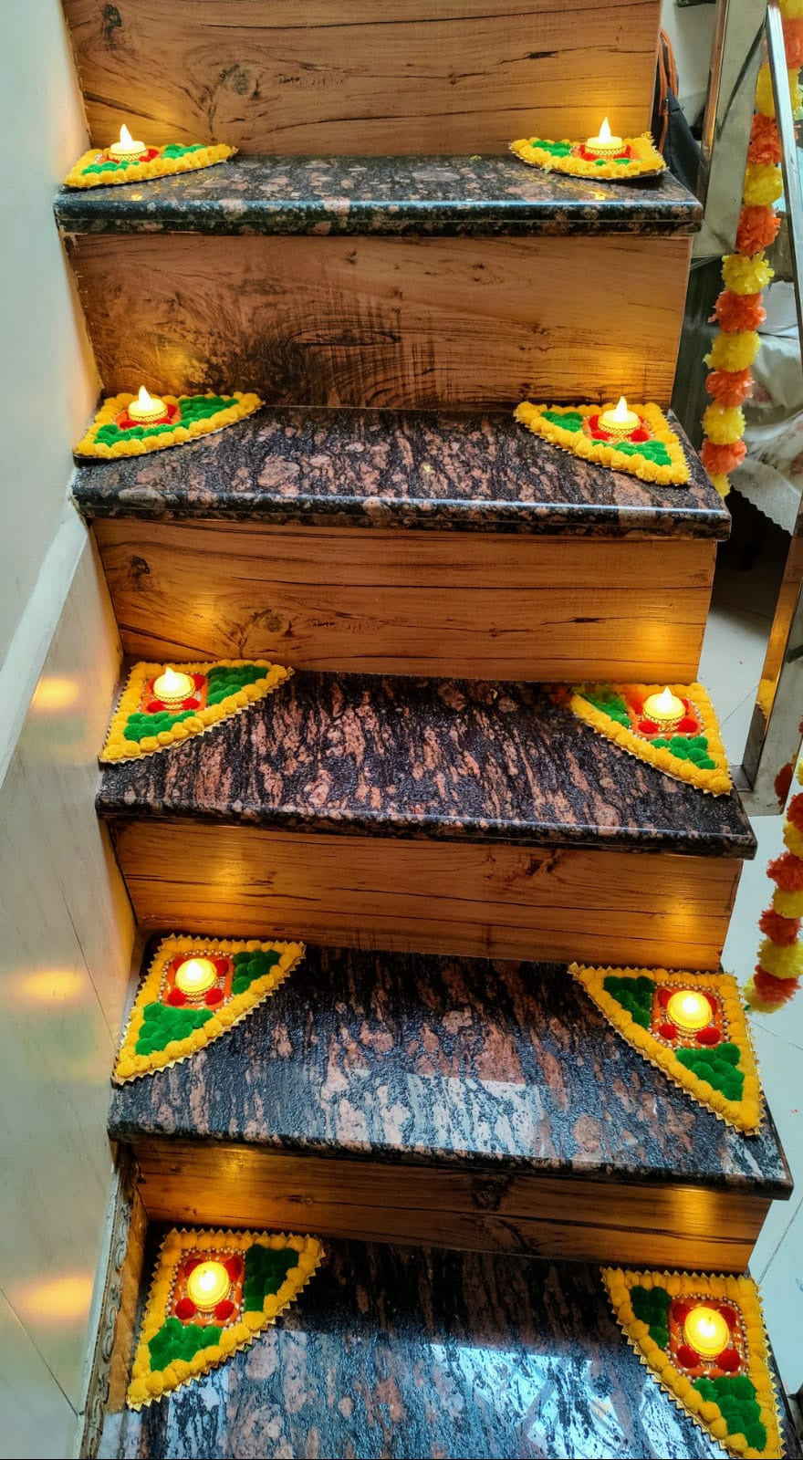 Readymade Premium Pom Pom Stair Mats Rangoli with Tlight and Candle Holders for Diwali Festival Home Decoration (Set of 10)