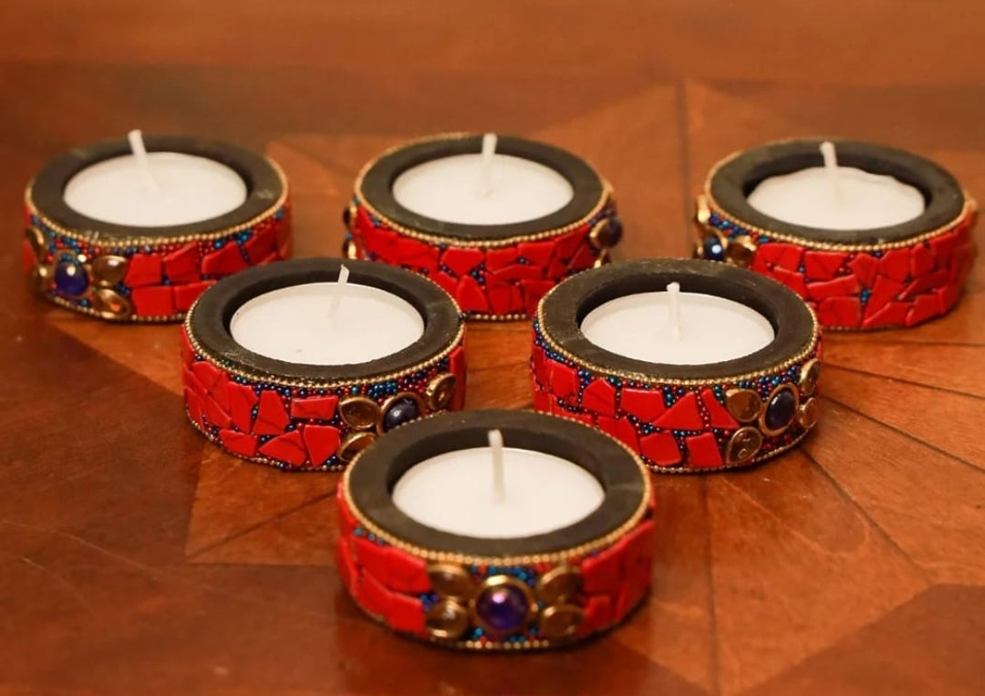 Beautiful Handcrafted Wooden Round Tlight and Candle Holders for Diwali Festival Home Decoration and Gifting (Set of 6 - Red)