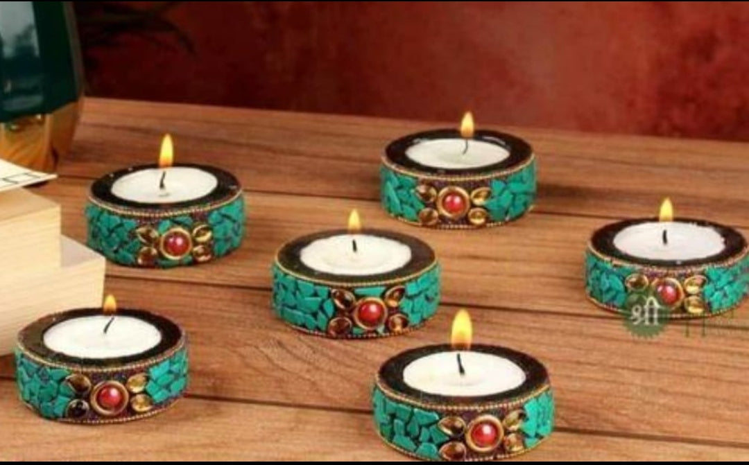 Beautiful Handcrafted Wooden Round Tlight and Candle Holders for Diwali Festival Home Decoration and Gifting (Set of 6 - Green)