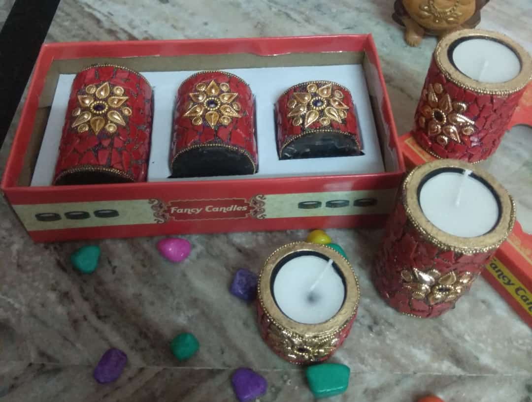 Beautiful Handcrafted Wooden Pillar Tlight and Candle Holders for Diwali Festival Home Decoration and Gifting (Set of 3 - Red)