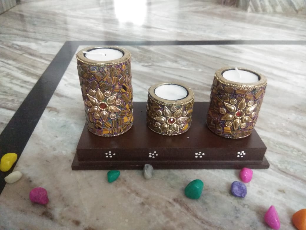 Beautiful Handcrafted Wooden Pillar Tlight and Candle Holders for Diwali Festival Home Decoration and Gifting (Set of 3 - Golden Brown)