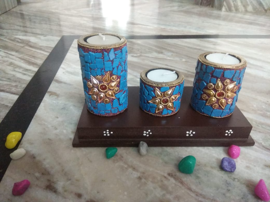 Beautiful Handcrafted Wooden Pillar Tlight and Candle Holders for Diwali Festival Home Decoration and Gifting (Set of 3 - Blue)