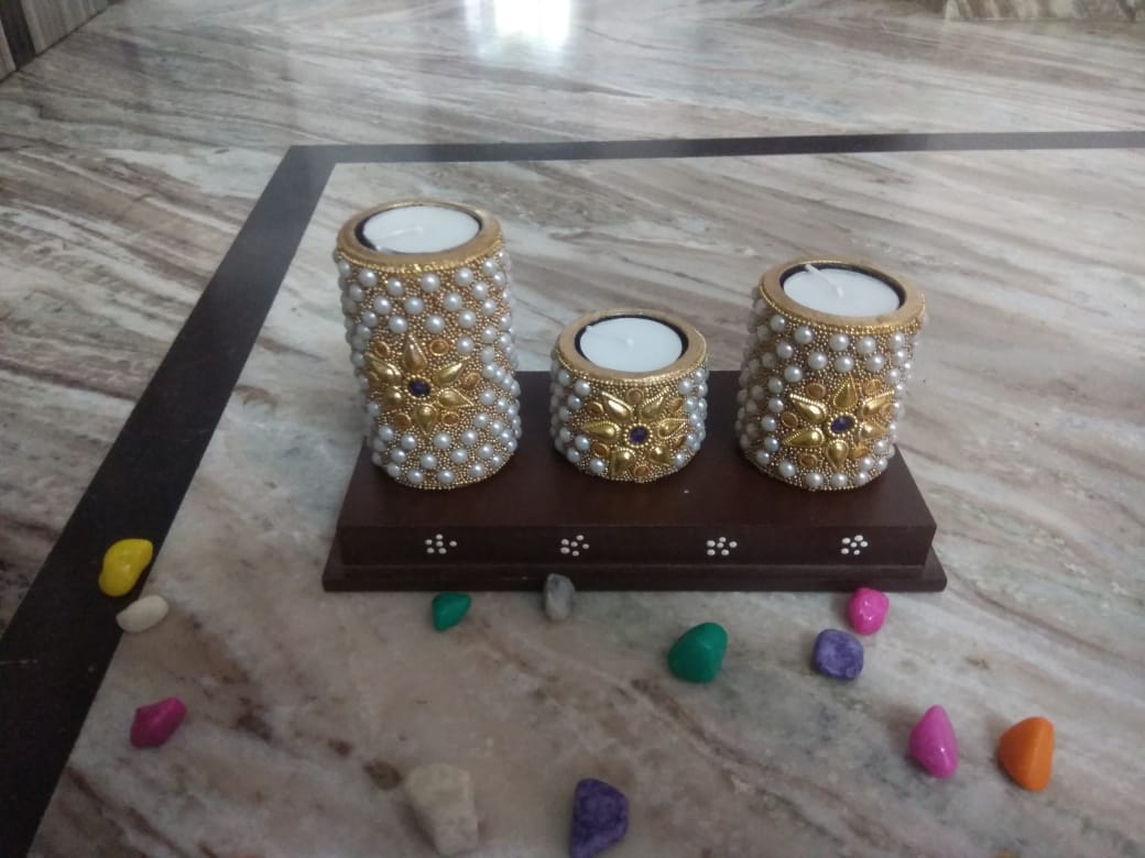 Heavy Pearl Work Wooden Pillar Tlight and Candle Holders for Diwali Festival Home Decoration and Gifting (Set of 3 - Golden)