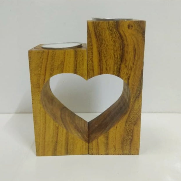 Handcrafted Wooden Heart Shape Tlight and Candle Holders for Diwali Festival Home Decoration and Gifting (Set of 2)