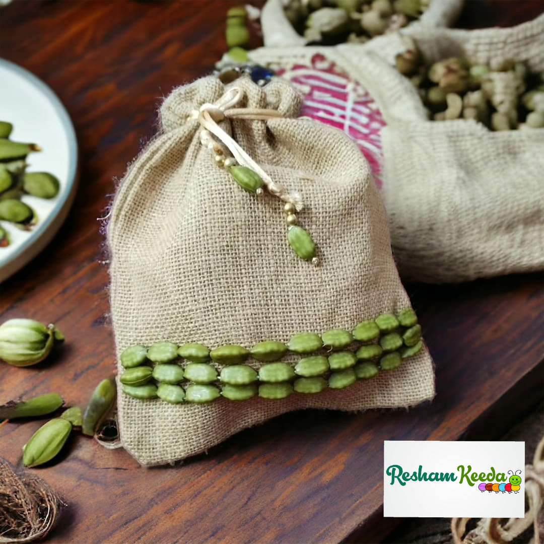 Traditional Handcrafted Elaichi Jute Potli - Perfect for Return Gifting Giveaways Favours on Ganesh Chaturthi Swagat Baraat Haldi Mehendi Wedding Anniversary Baby Shower Janmotsav Janamashtmi (Pack of 10)