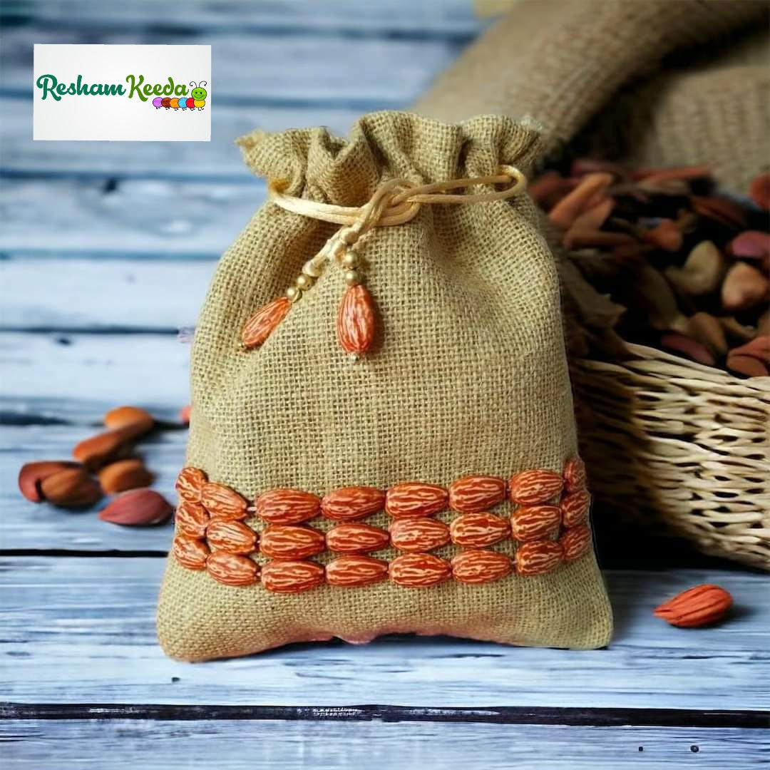 Traditional Handcrafted Badam Almond Jute Potli - Perfect for Return Gifting Giveaways Favours on Ganesh Chaturthi Swagat Baraat Haldi Mehendi Wedding Anniversary Baby Shower Janmotsav Janamashtmi Rakhi Rakshabandhan (Pack of 10)