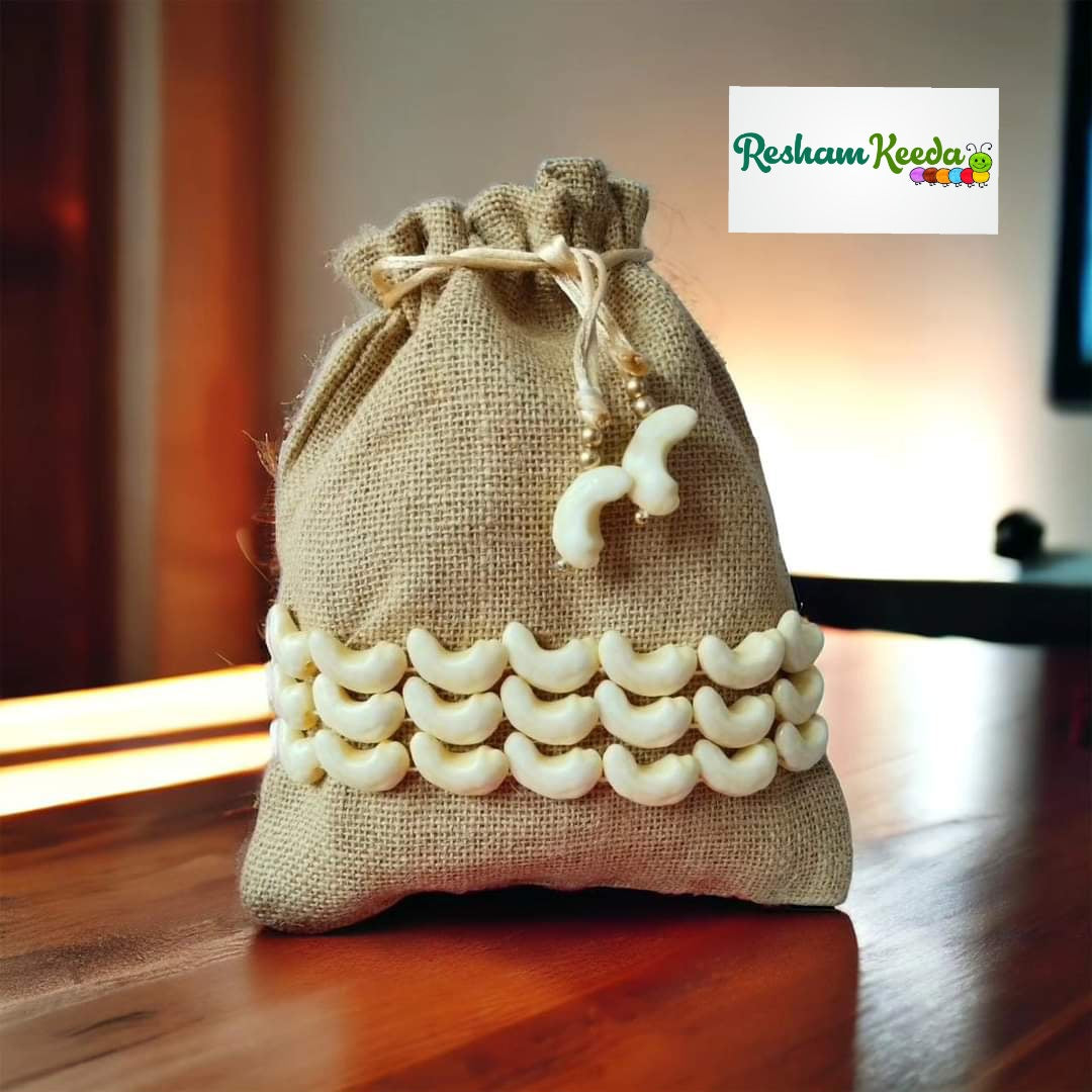 Traditional Handcrafted Kaju Cashew Jute Potli - Perfect for Return Gifting Giveaways Favours on Ganesh Chaturthi Swagat Baraat Haldi Mehendi Wedding Anniversary Baby Shower Janmotsav Janamashtmi Rakhi Rakshabandhan (Pack of 10)