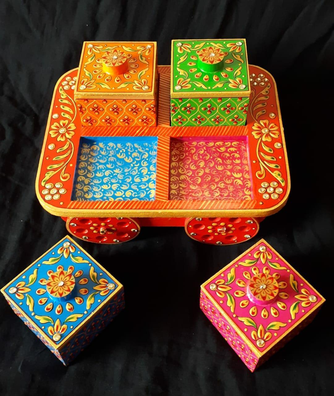 Hand Painted Decorative Wooden Dry Fruits Box and Wooden Cart - Perfect Decor Item for Dining Table and Diwali Festival and Gifting