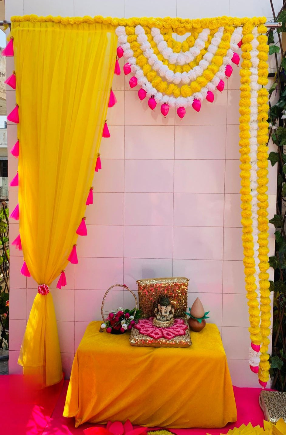 Net Curtain Backdrop with Lotus and Tassels for Haldi / Mehandi / Festive Decoration