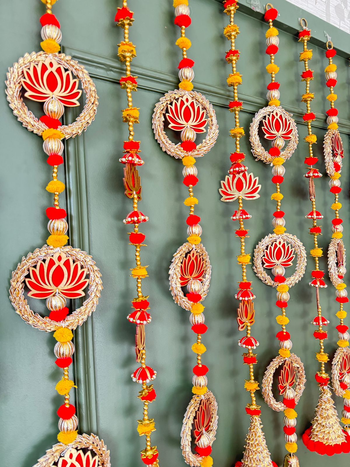 Beautiful Lotus Pom Pom Gota Ring Wall Door Hangings for Diwali Navratri Festival Wedding Home Decoration (Set of 10)