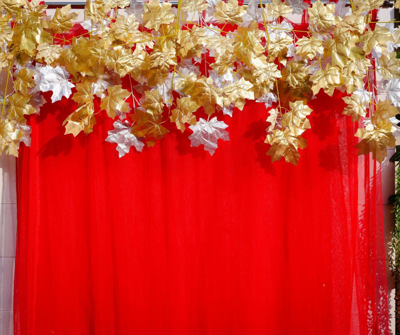 Easy-to-Hang Shimmer Maple Leaf Net Curtains Backdrop with Flower Hangers, for Haldi / Mehandi / Festive Decoration