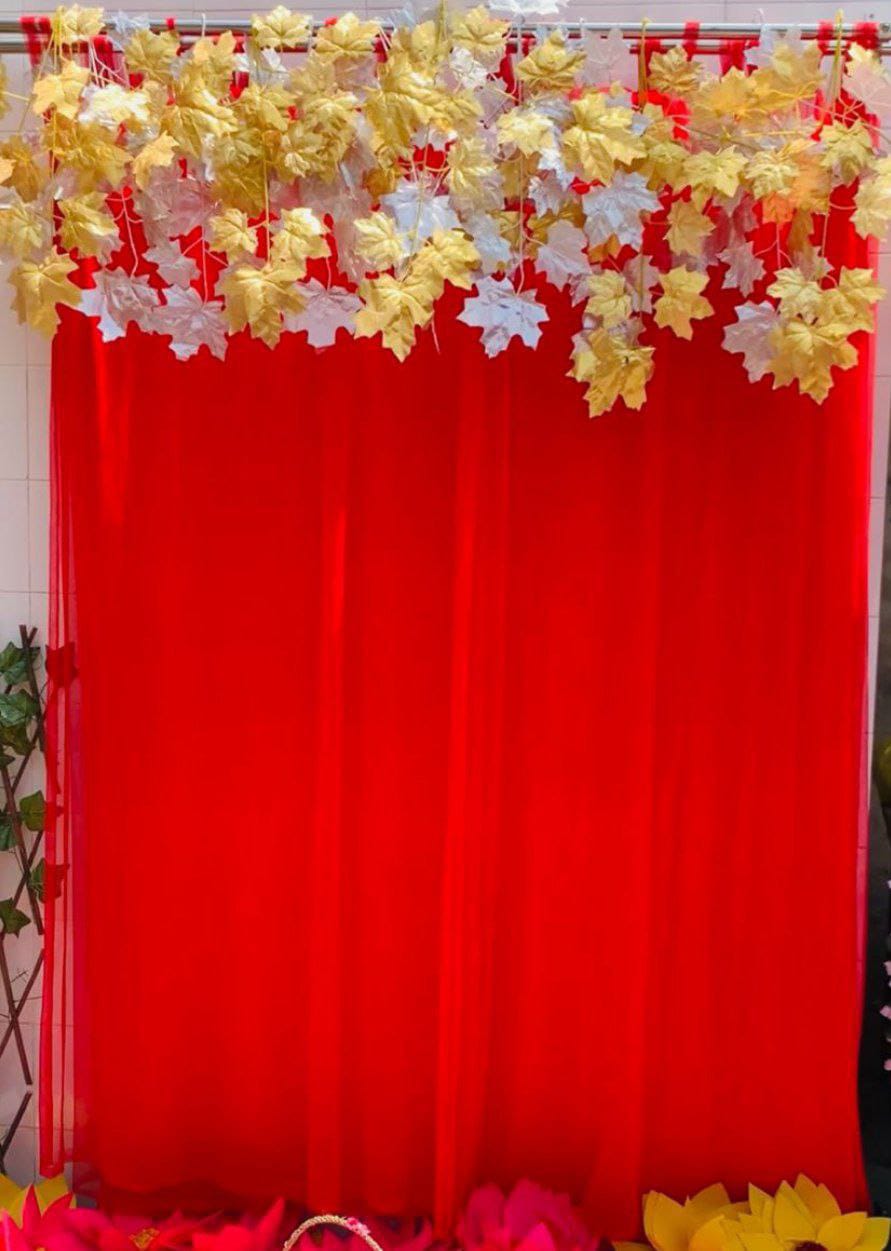 Easy-to-Hang Shimmer Maple Leaf Net Curtains Backdrop with Flower Hangers, for Haldi / Mehandi / Festive Decoration