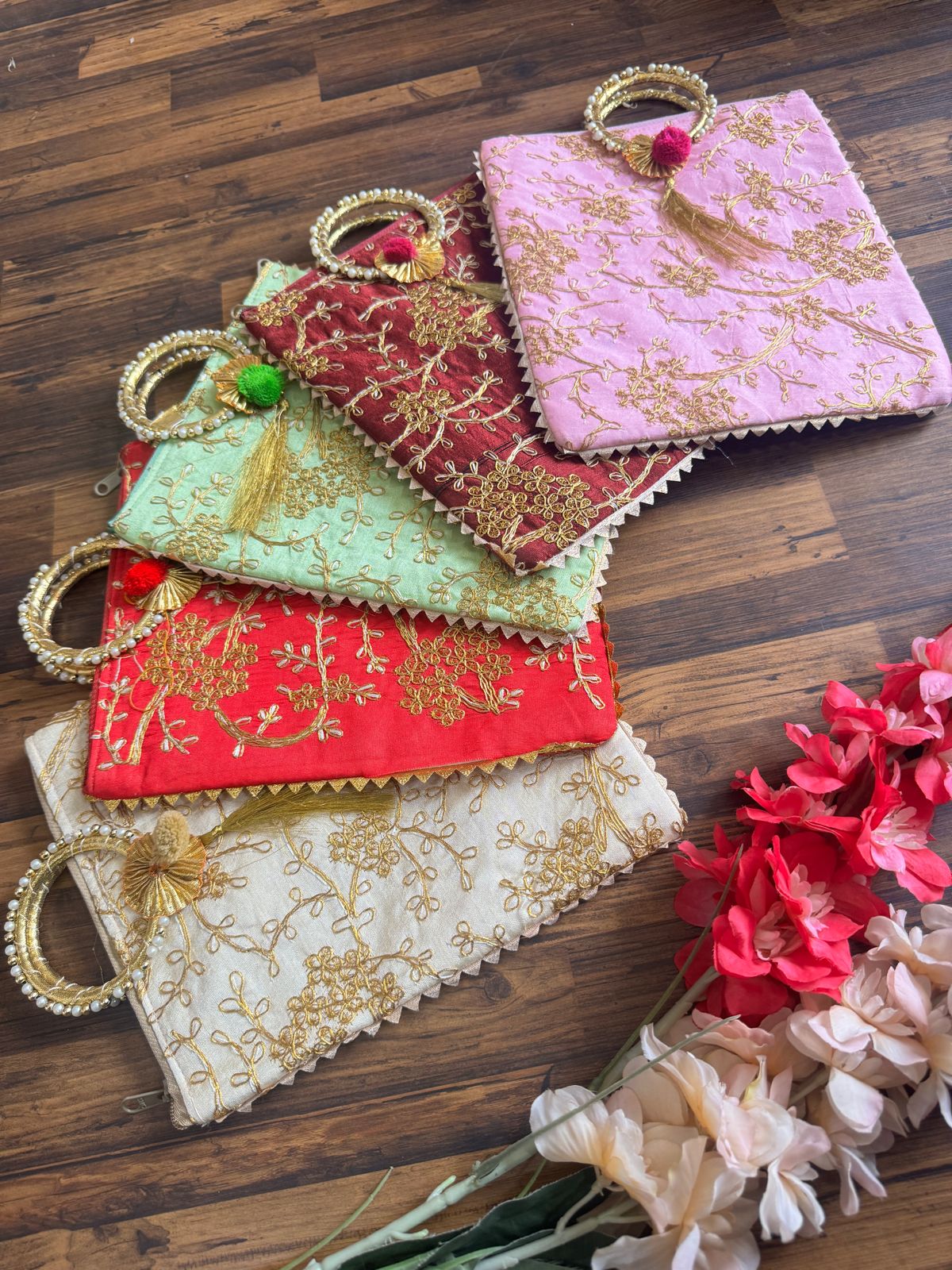 Budget Friendly Heavy Embroidery Jaipuri Potli Purses with Pearl Handle (Set of 10) - Perfect for Return Gift on Diwali, Haldi, Mehandi Teej Parties & Wedding Events Gifting Favours