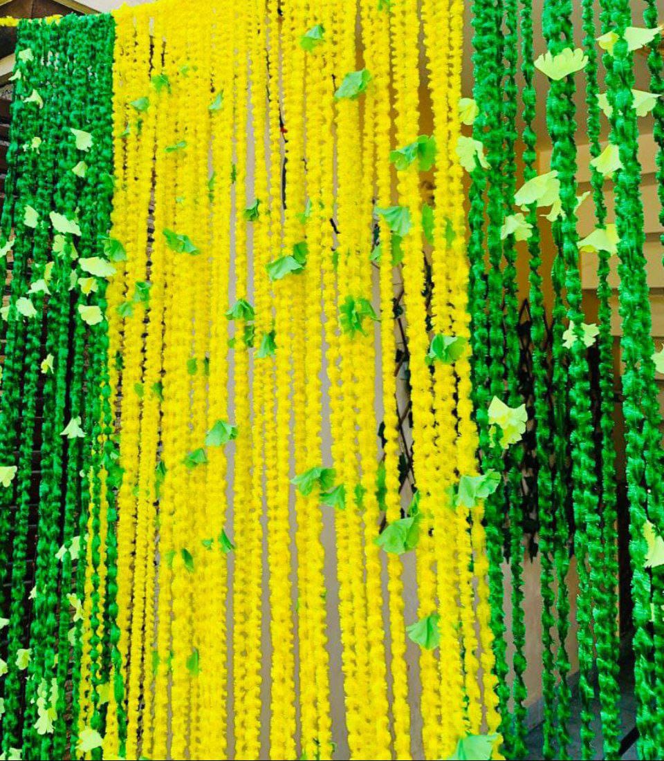 Easy-to-Hang Feather Yarn Flower Backdrop for Haldi / Mehandi / Festive Decoration