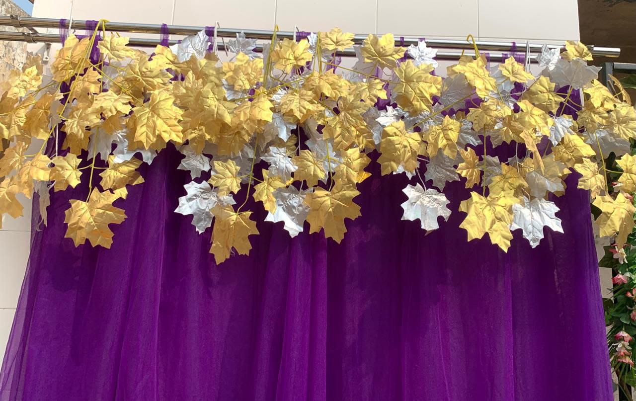 Easy-to-Hang Shimmer Maple Leaf Net Curtains Backdrop with Flower Hangers, for Haldi / Mehandi / Festive Decoration