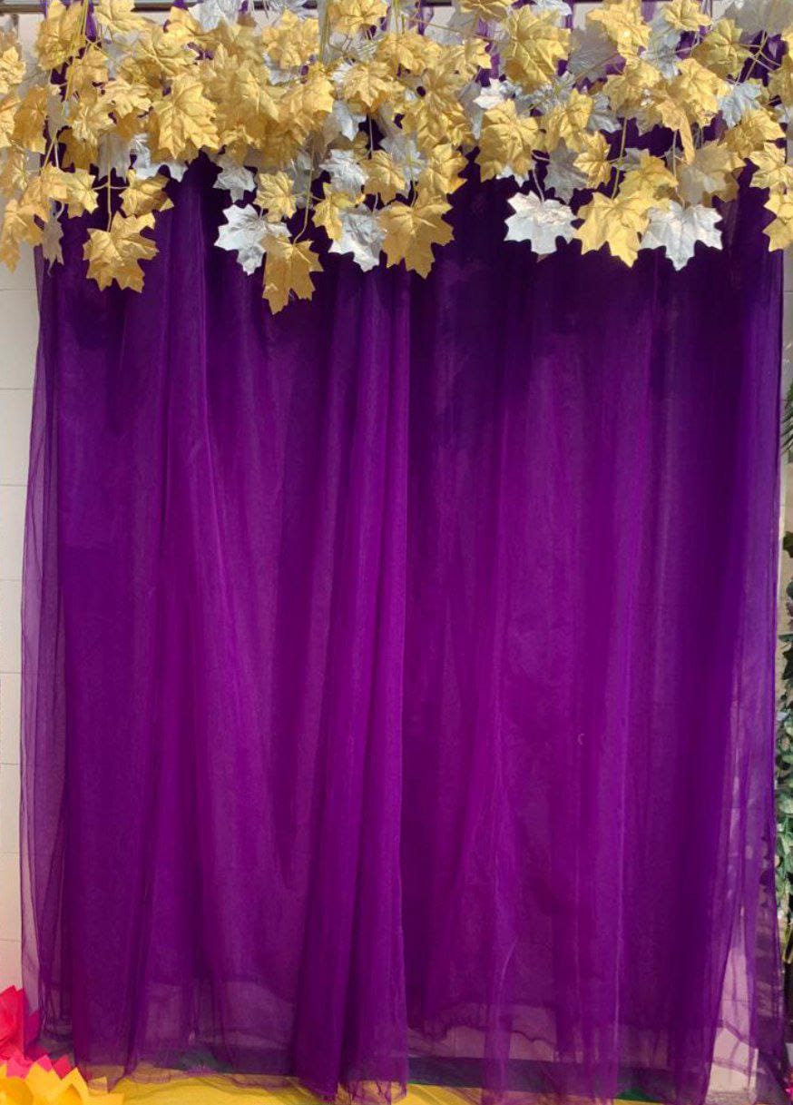 Easy-to-Hang Shimmer Maple Leaf Net Curtains Backdrop with Flower Hangers, for Haldi / Mehandi / Festive Decoration