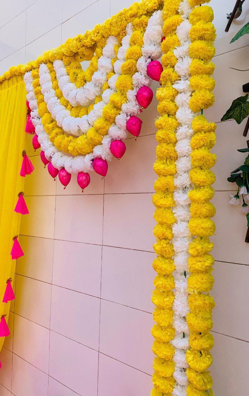 Net Curtain Backdrop with Lotus and Tassels for Haldi / Mehandi / Festive Decoration