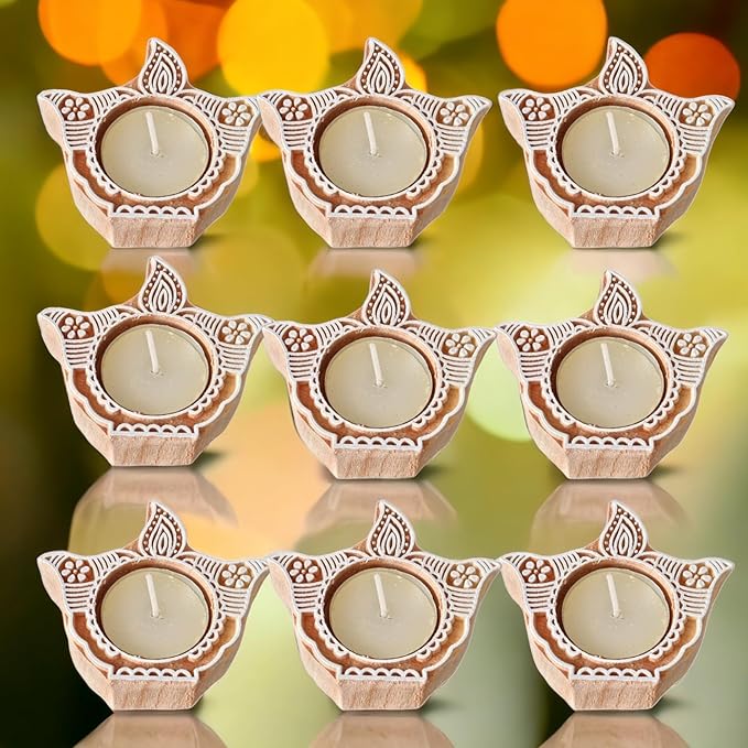 Beautiful Handcrafted Wooden Deepak Diya Shape Tlight and Candle Holders for Diwali Festival Home Decoration and Gifting (Set of 10)