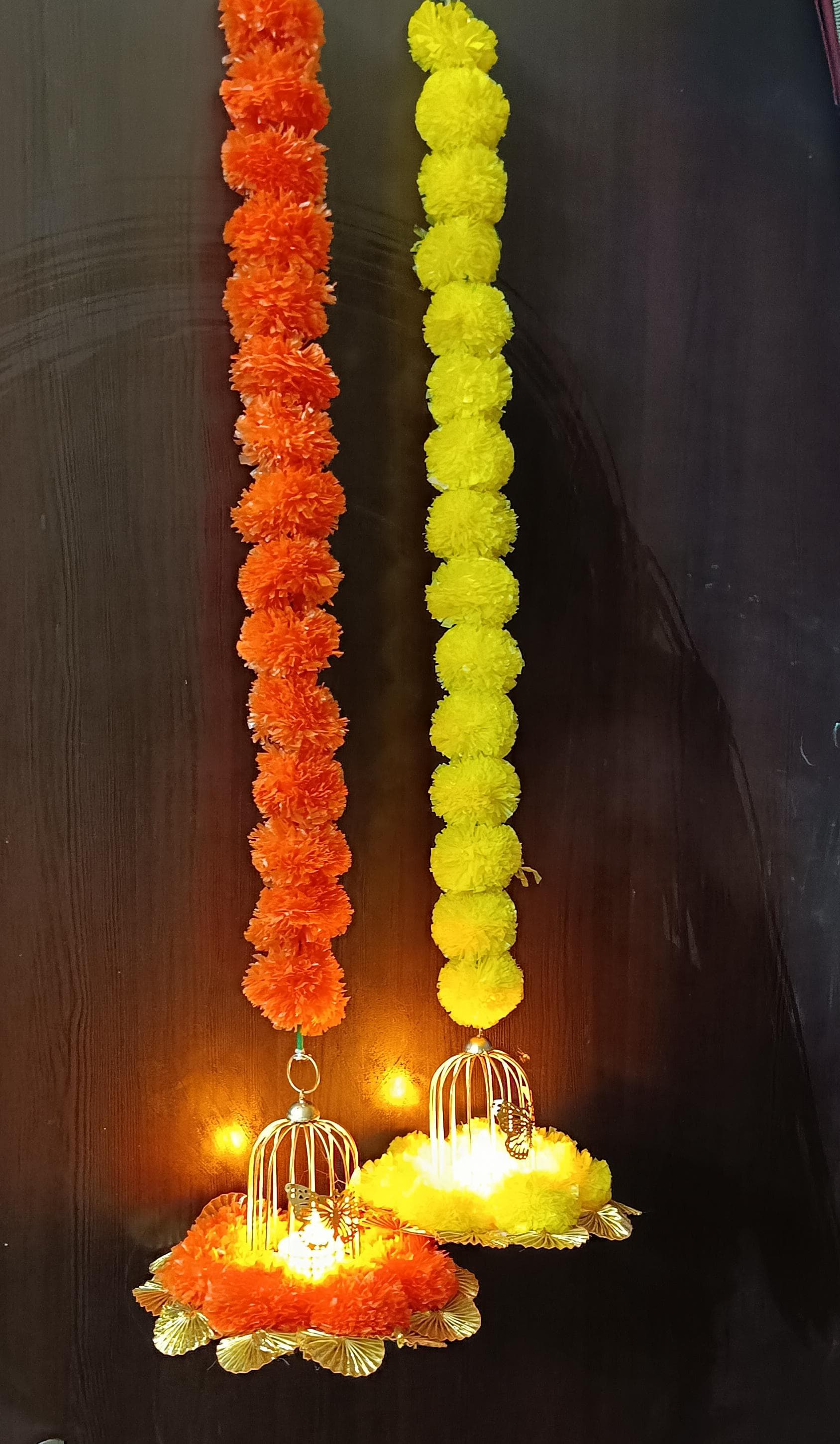 Pinzora Marigold Floral Wall Hangings With Cage for LED Light, Candle Tlights Holder for Diwali Wedding Haldi Mehandi Festival Home Decoration