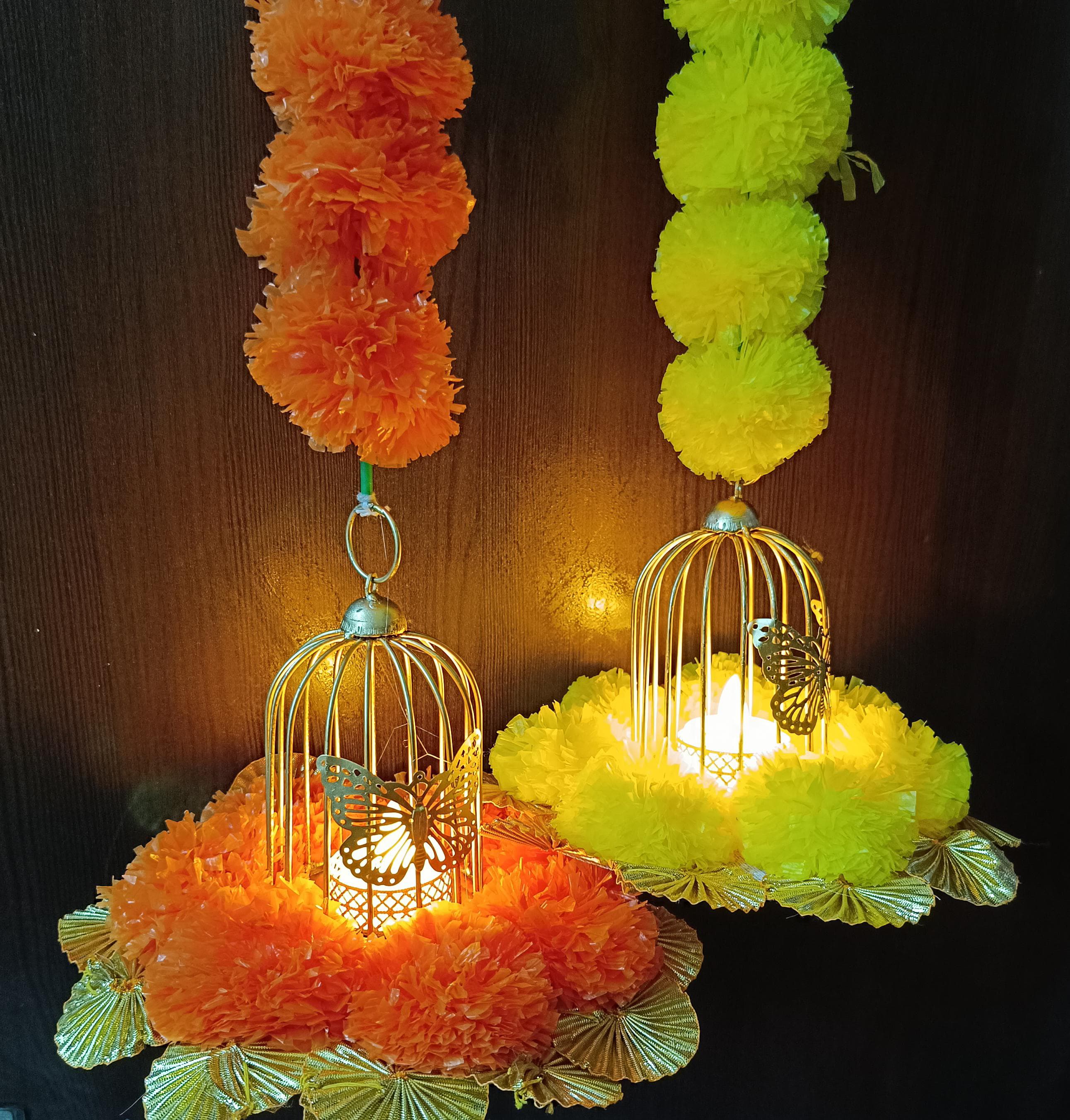 Pinzora Marigold Floral Wall Hangings With Cage for LED Light, Candle Tlights Holder for Diwali Wedding Haldi Mehandi Festival Home Decoration