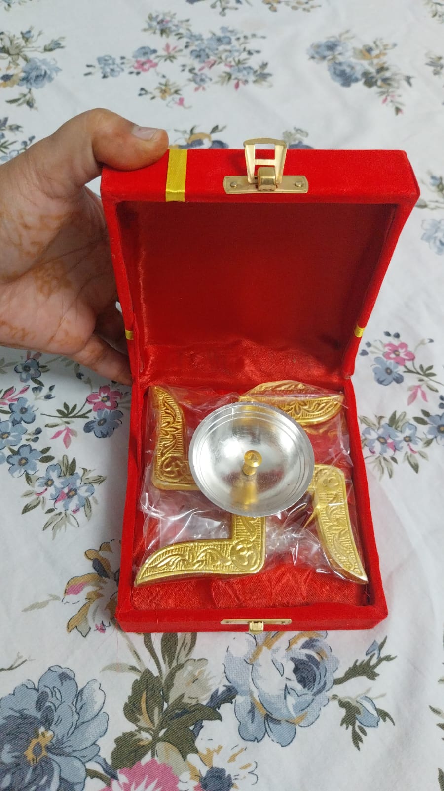 Traditional Brass Metal Swastik Diya Deepak in Red Velvet Box Packaging - Perfect for Return Gift Favours on Diwali, Haldi, Mehandi, Teej Parties & Events