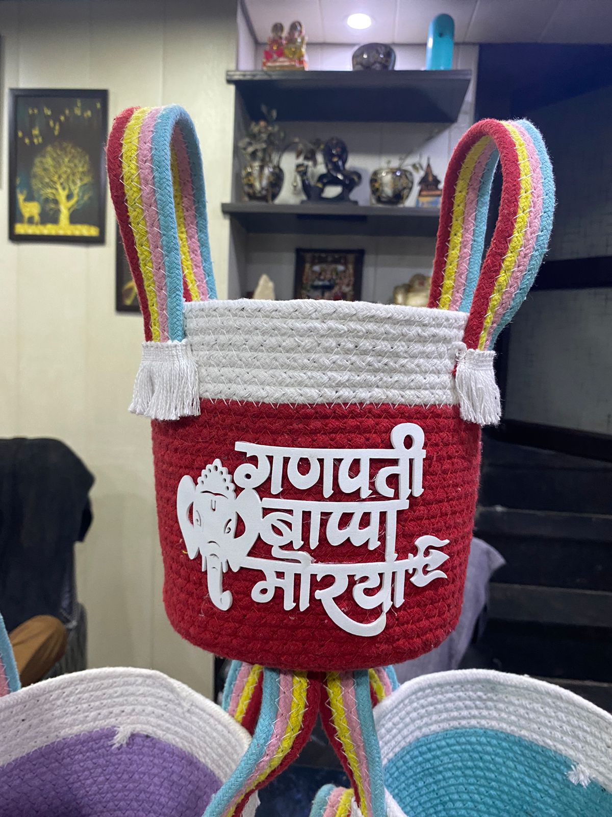 Exclusive and Premium Ganpati Ji Cotton Baskets for Gifting and Multipurpose Storage Usage