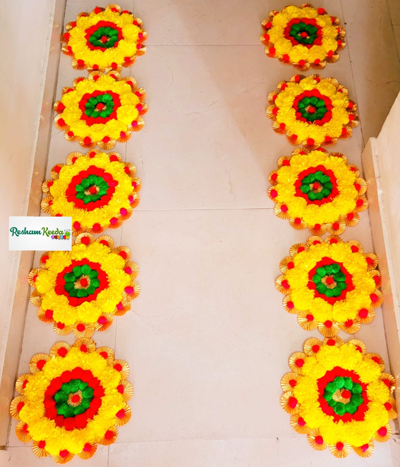 Beautiful Pom-Pom, Marigold, and Gota Flowers Decorated Stair Mats (Paidi) Readymade Rangoli Set of 10 for Diwali, Wedding and Home Decoration for All Events