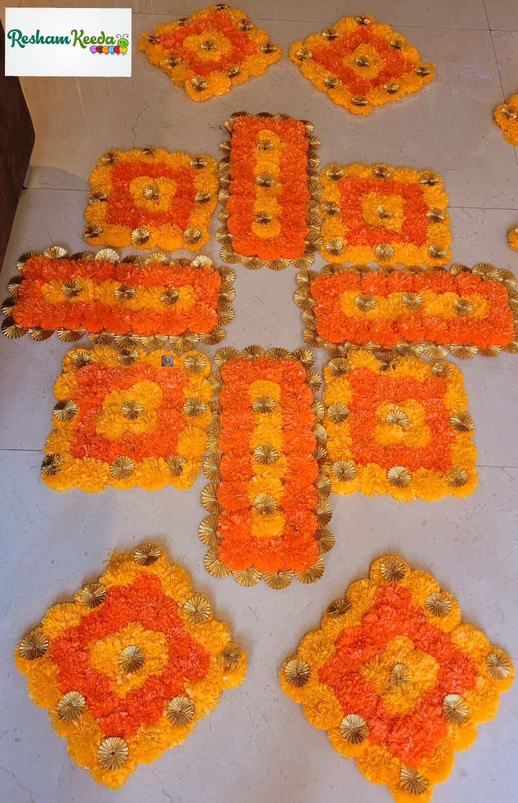 Beautiful Heavy Readymade Rangoli Platter Set in Orange Yellow Pom Pom Marigold and Gota Flowers Theme for Diwali Navratri Grah Pravesh Festival Home Decoration and All Events (12 piece set)