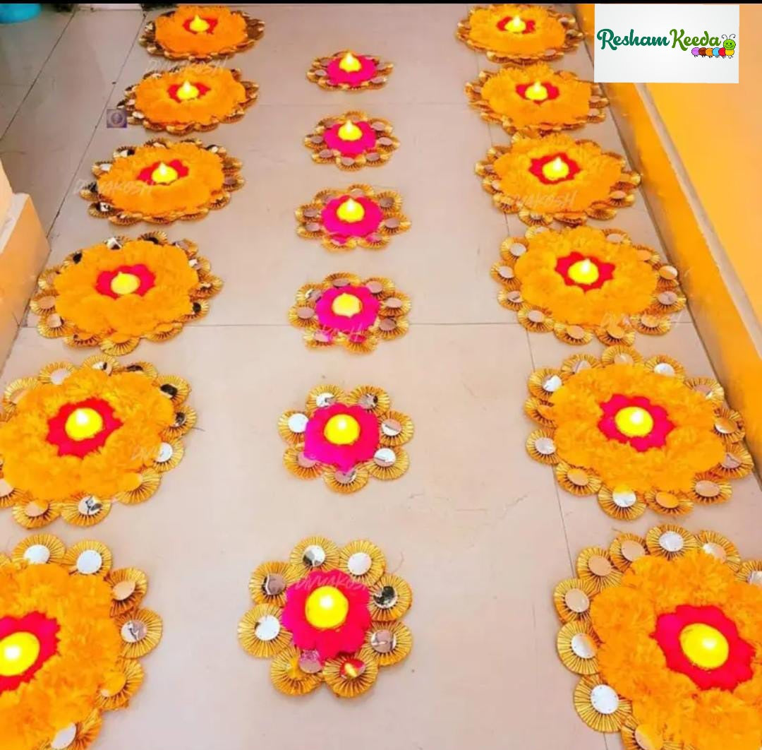 Beautiful Heavy Readymade Rangoli Platter Set in Yellow Pink Pom Pom Marigold and Gota Flowers Theme with Candle Tlights Holders for Diwali Navratri Grah Pravesh Festival Home Decoration and All Events (15 piece set)