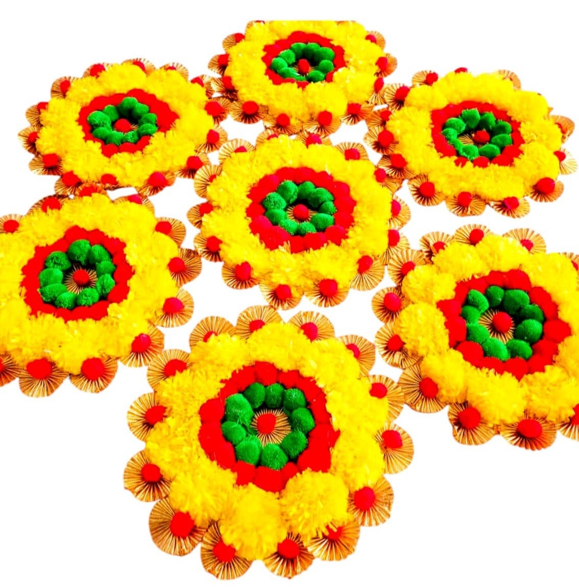 Beautiful Pom-Pom, Marigold, and Gota Flowers Decorated Stair Mats (Paidi) Readymade Rangoli Set of 10 for Diwali, Wedding and Home Decoration for All Events