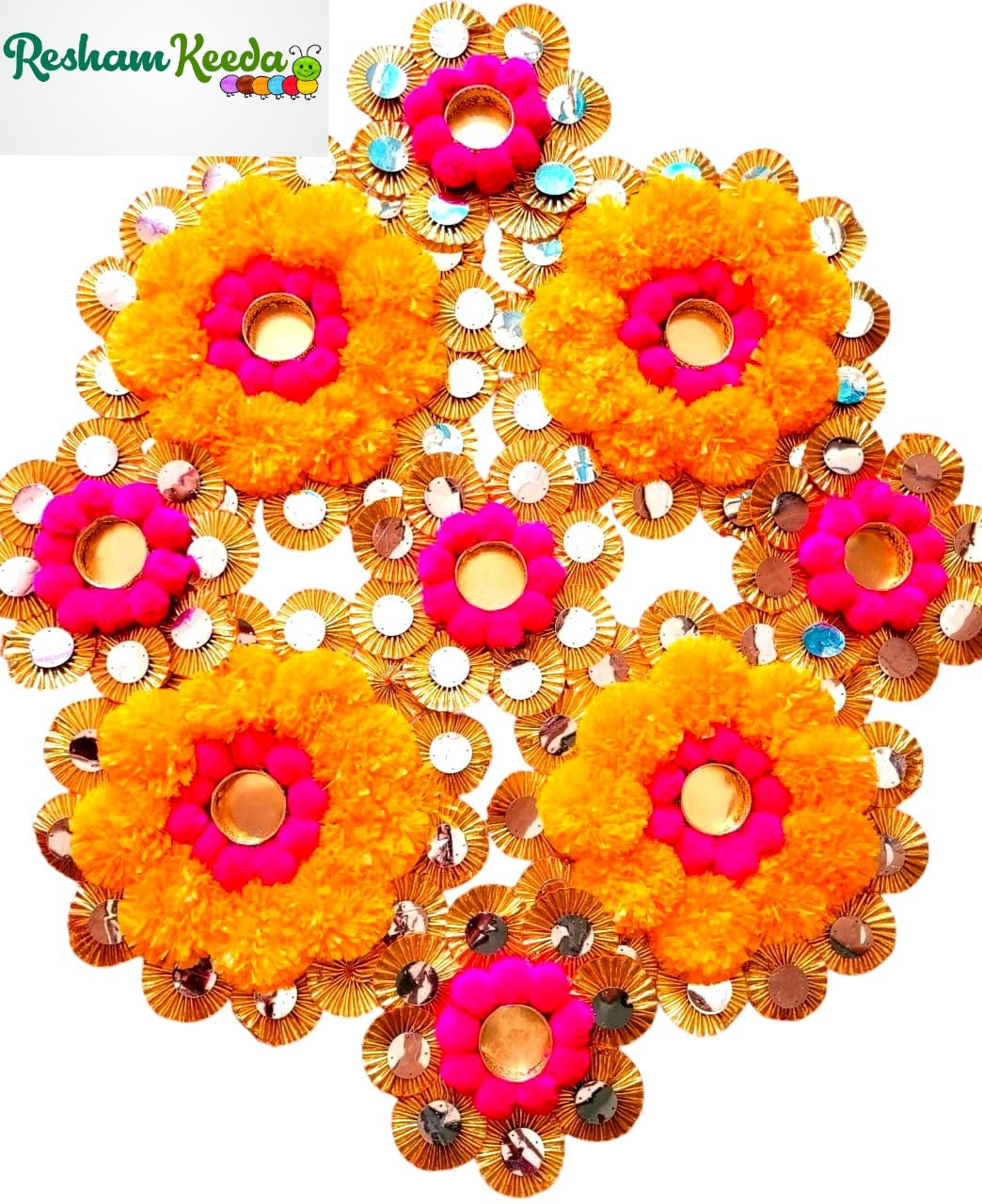 Beautiful Heavy Readymade Rangoli Platter Set in Yellow Pink Pom Pom Marigold and Gota Flowers Theme with Candle Tlights Holders for Diwali Navratri Grah Pravesh Festival Home Decoration and All Events (15 piece set)