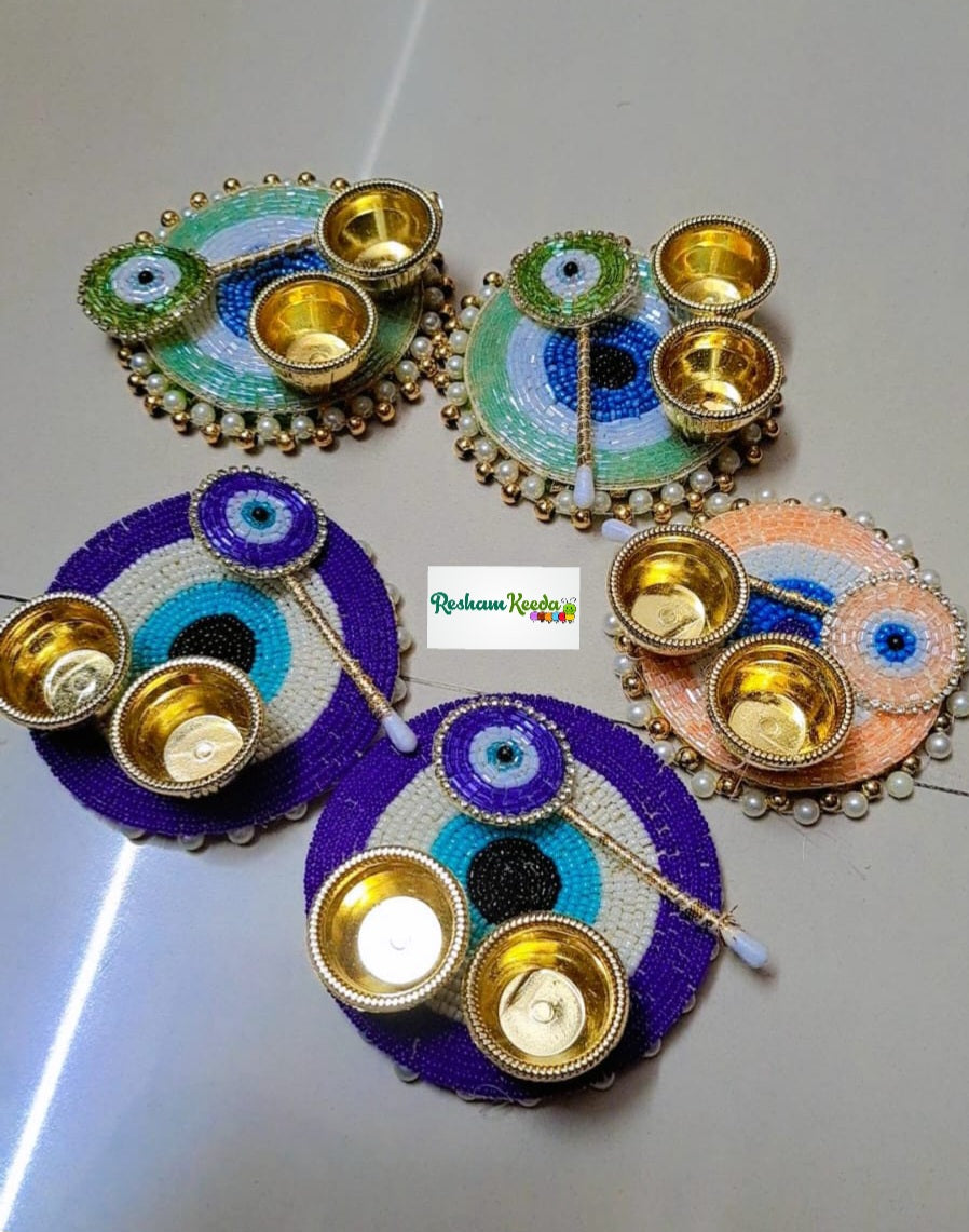Beautiful Evil Eye Theme Roli Chawal Platter with Matching Tilak Stick Platter for Rakhi Rakshabandhan Diwali Festival Wedding Ceremonies and Haldi Mehendi Giveaways Return Favours Gifting (Pack of 5)
