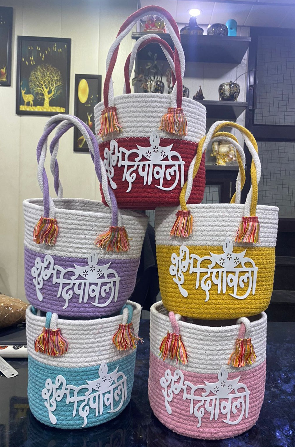 Exclusive and Premium Shubh Deepawali Happy Diwali Cotton Baskets for Diwali Festive Gifting and Multipurpose Storage Usage