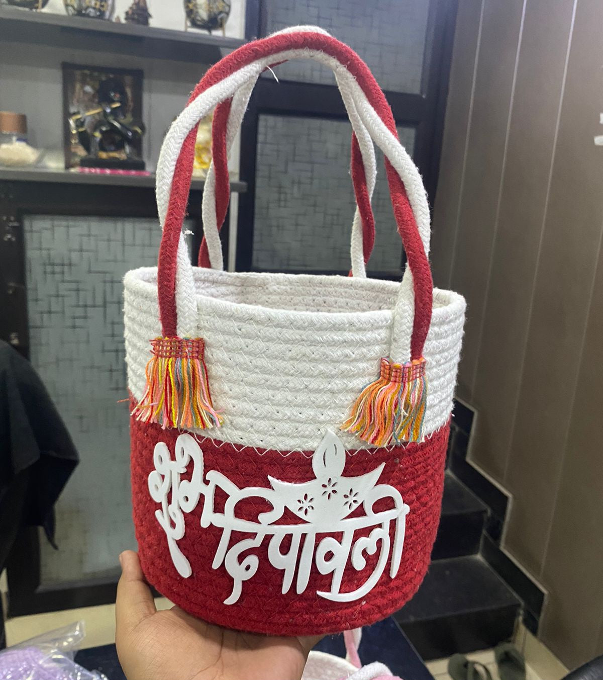 Exclusive and Premium Shubh Deepawali Happy Diwali Cotton Baskets for Diwali Festive Gifting and Multipurpose Storage Usage