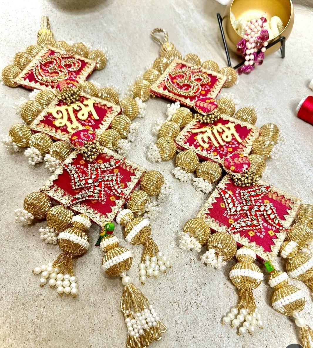 Traditional Rajasthani Bandhej Bandhani Acrylic Shubh Labh Kundan Om Swastik Hangings Latkans with Cut Dana Balls and Tassels (Pair)