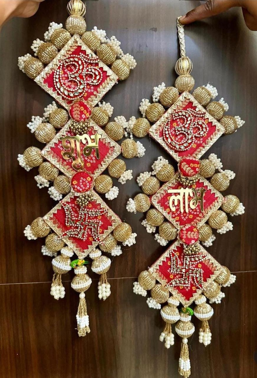 Traditional Rajasthani Bandhej Bandhani Acrylic Shubh Labh Kundan Om Swastik Hangings Latkans with Cut Dana Balls and Tassels (Pair)