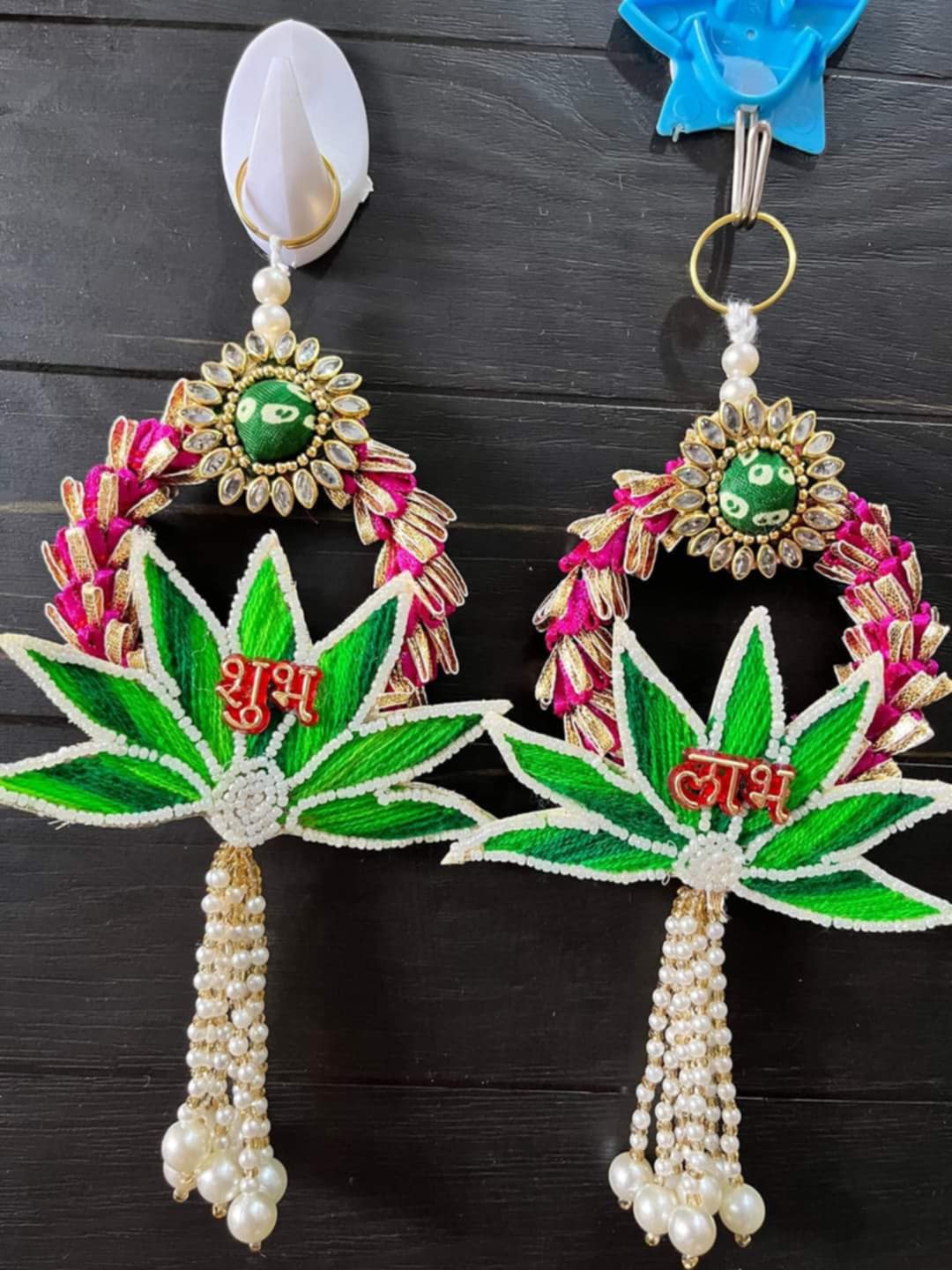 Beautiful Lotus Gota Ring Shubh Labh Wall Door Hanging for Diwali Navratri Wedding Festival Home Garden Decoration (Pair)