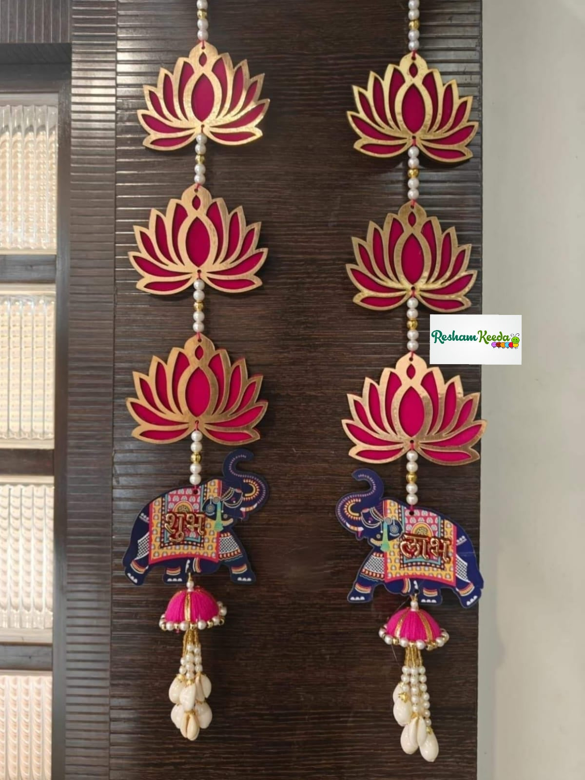 Budget Friendly Handmade Lotus with Elephant Shubh Labh Door Wall Hangings for Diwali Navratri Festival Wedding and Home Decoration (2 pairs)