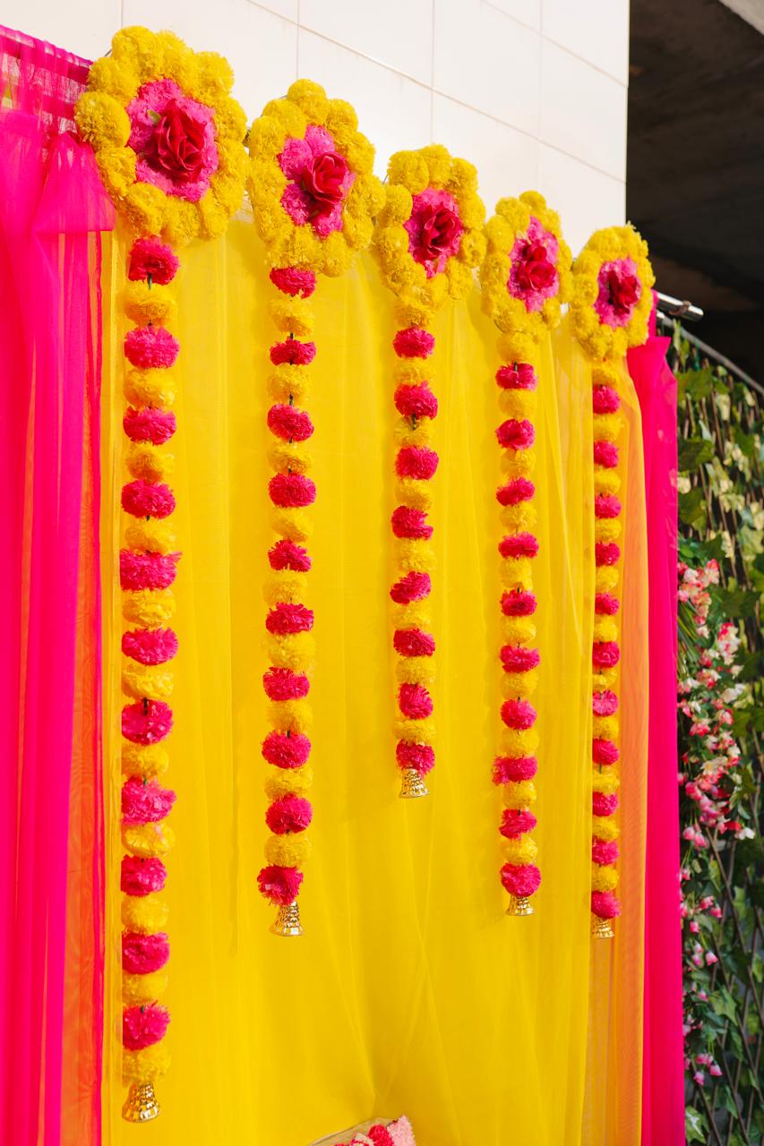 Easy-to-Hang Double Shaded Net Curtain Backdrop with Round Marigold Latkans for Haldi / Mehandi / Festive / Baby Shower / Home Decoration