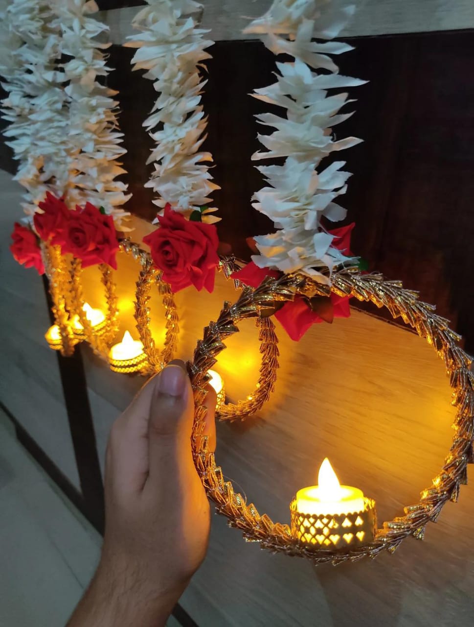 Beautiful Mogra Rose Hangings with Gota Candle Tlight Holders for Diwali Navratri Wedding Festival Home Garden Decoration (Pack of 10)