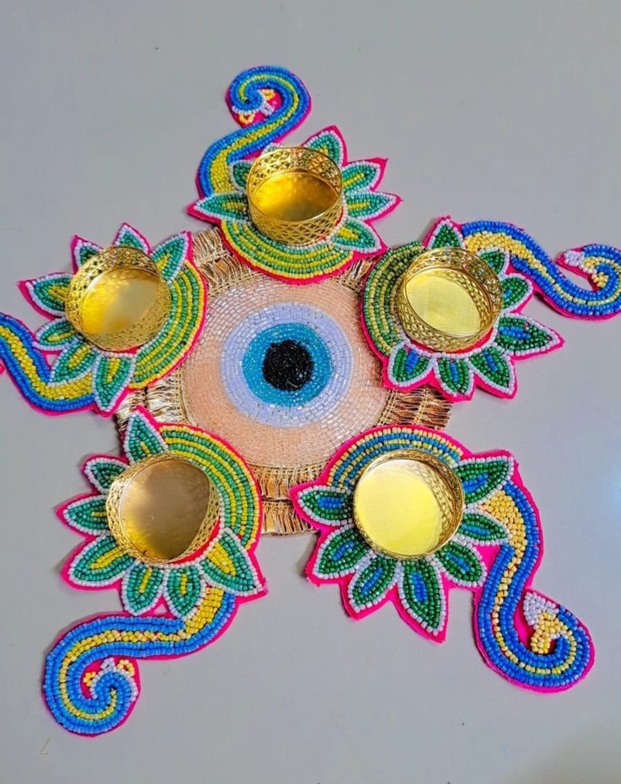 Beautiful Evil Eye Theme Bird Readymade Rangoli Platter for Diwali Navratri Festival Wedding Home Decoration