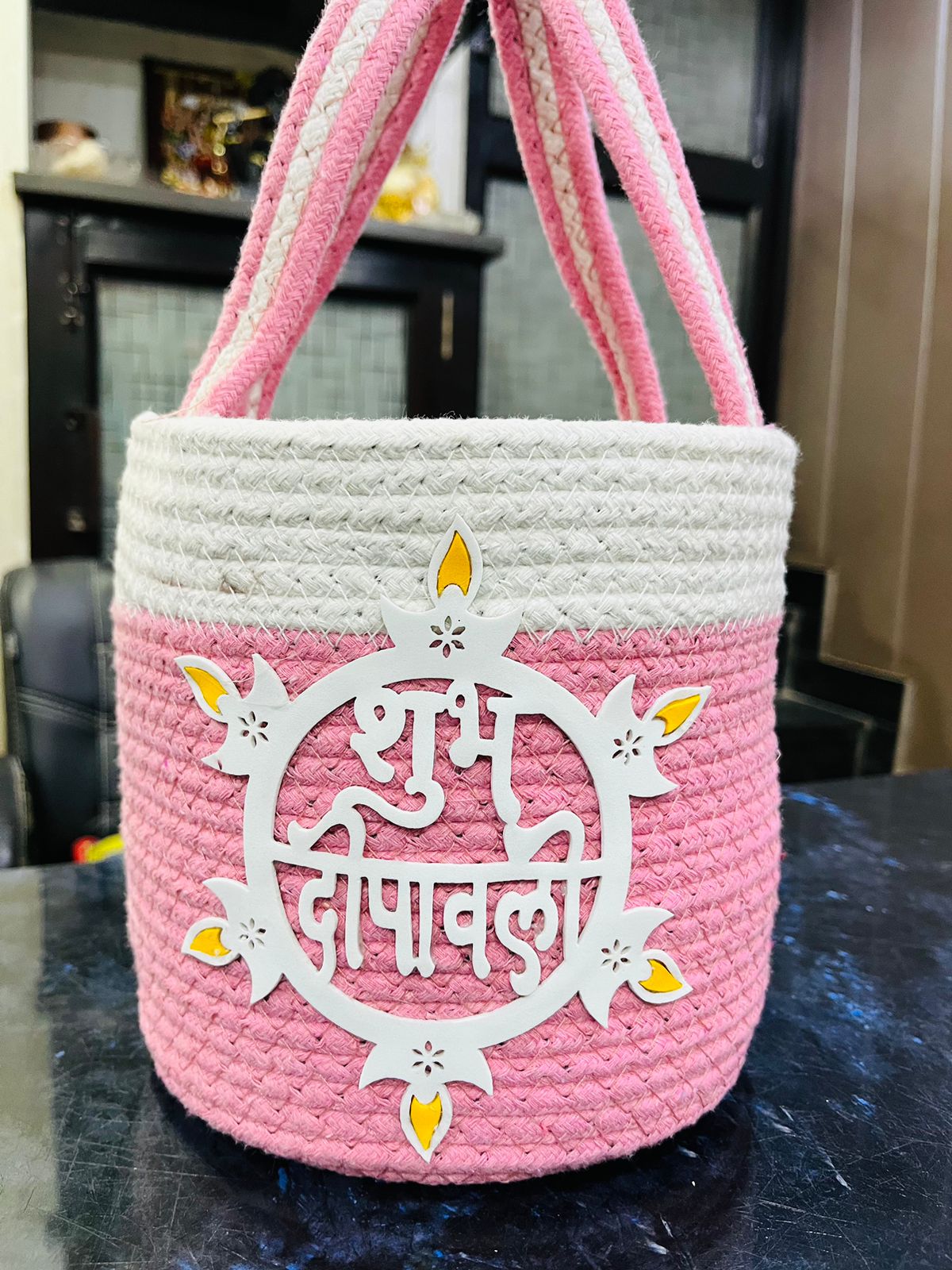 Exclusive and Premium Shubh Deepawali Happy Diwali Cotton Baskets for Diwali Festive Gifting and Multipurpose Storage Usage