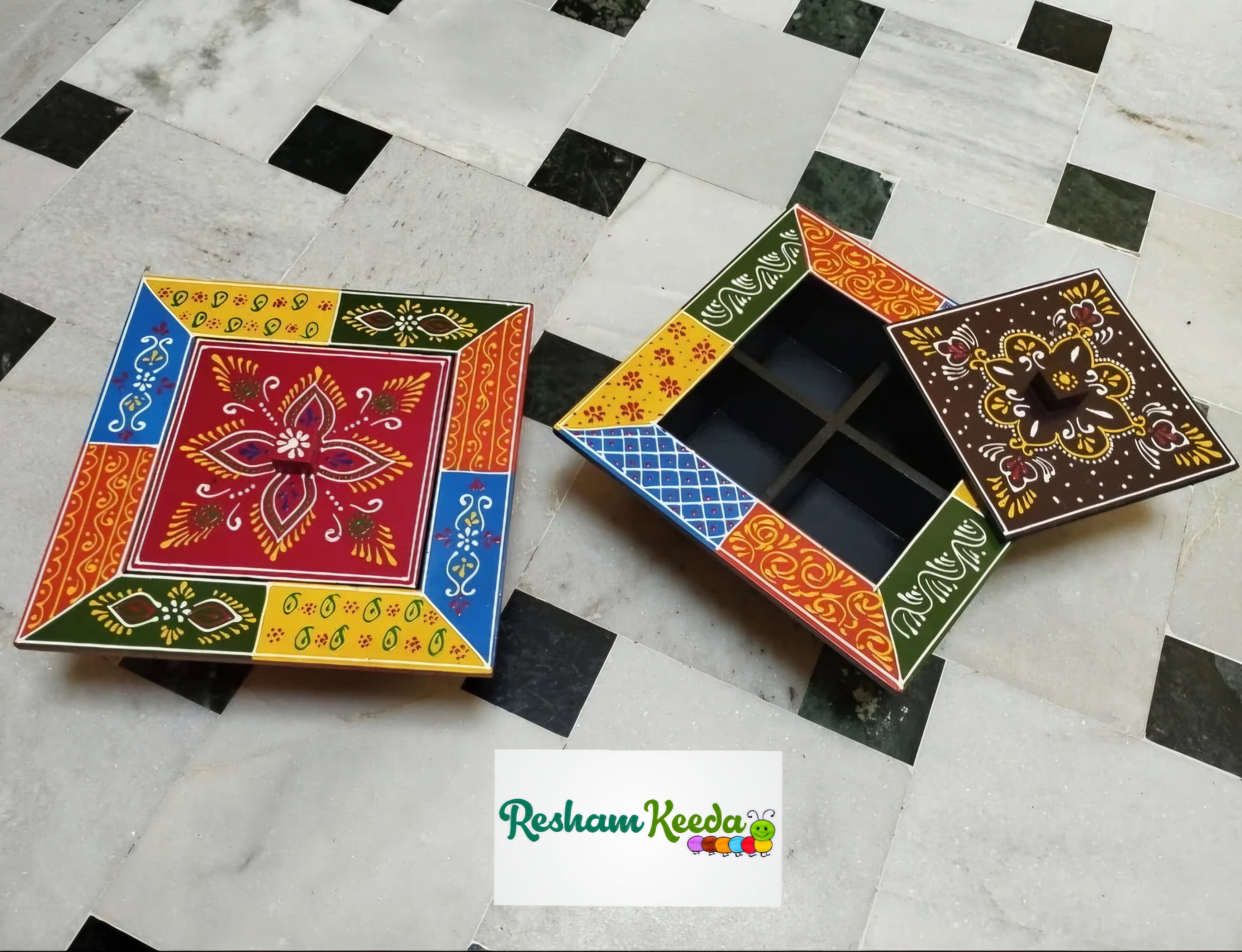 Hand Painted Decorative Wooden Dry Fruits Box or Spice Box - Perfect Decor Item for Dining Table, Kitchen and Diwali Festival and Gifting