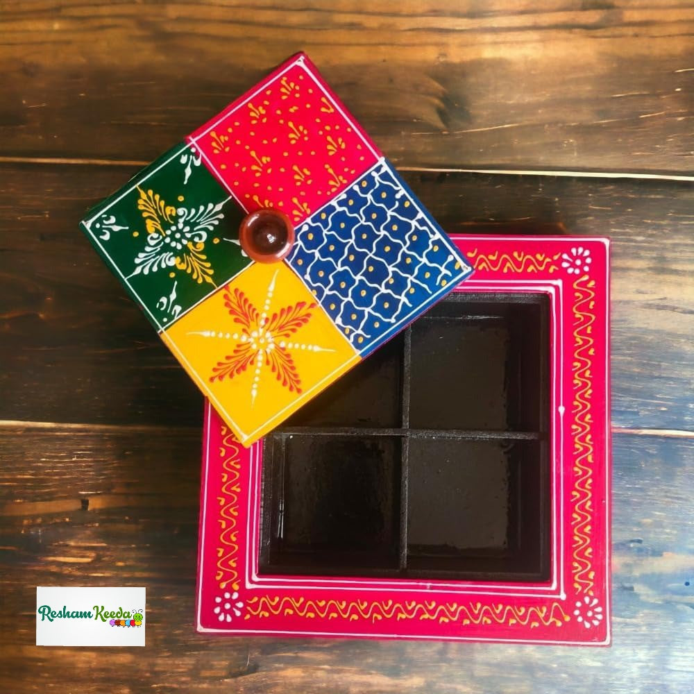 Hand Painted Decorative Wooden Dry Fruits Box or Spice Box - Perfect Decor Item for Dining Table, Kitchen and Diwali Festival and Gifting