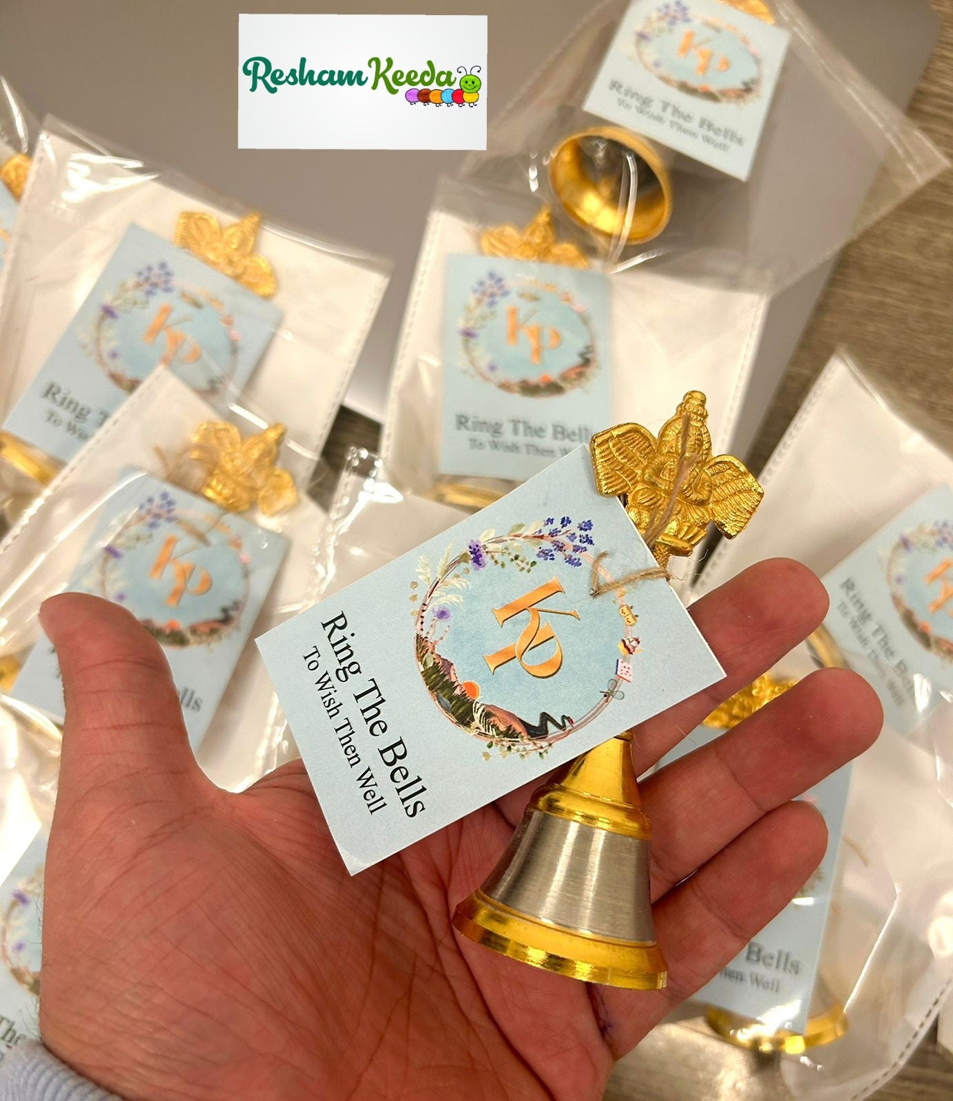 Beautiful Trending Customized Wedding Bells Ghanti Rattles with Name Stickers for Baby Welcome, Bride, Baraat Phera Haldi Mehendi Keertan Satsang Faag Faagotsav Krishna Janmotsav Janamashtmi Baby Shower Giveaways Return Gifts Gifting Favours (Pack of 20)
